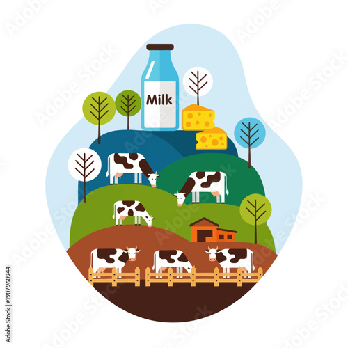 Cows on Farm with Milk Products Illustration.