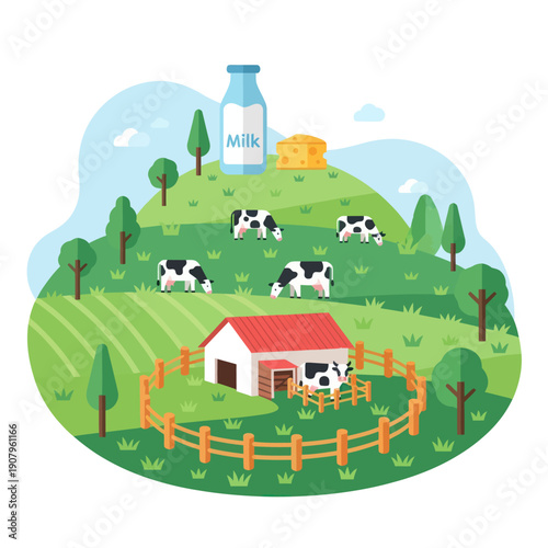 Cartoon Cow Farm Scene with Milk Bottle.