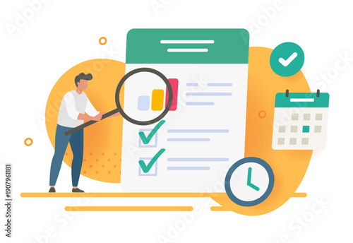Audit analysis business data research modern vector graphic illustration design, man person inspect review tax document report checklist, character investigate growth graph quality, efficiency check