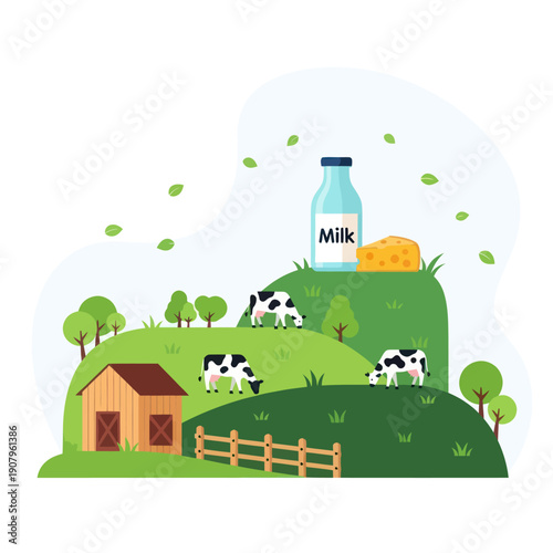 Milk Bottle on Green Hill with Cows.