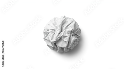 Minimalist studio photograph featuring a crumpled white paper ball with visible sharp folds and creases, captured in monochrome white and light gray tones.