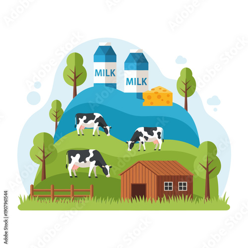 Cows Grazing on Green Hill with Barn.