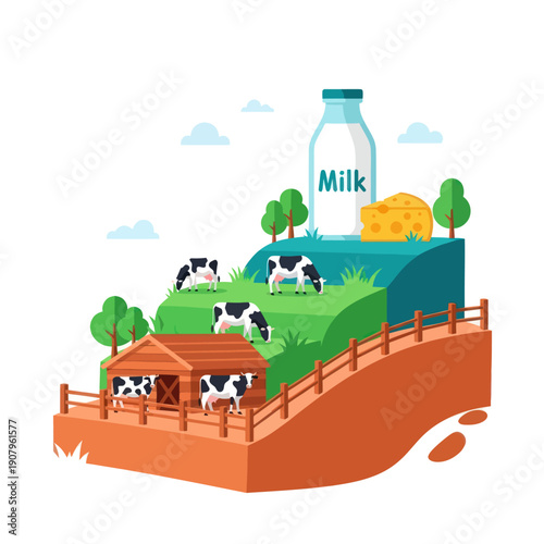Cows Grazing Near Farmhouse with Milk Bottle.