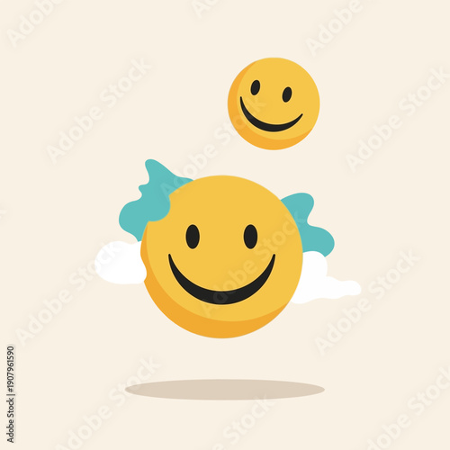 Cheerful cartoon illustration with two happy yellow smiley faces floating above a whimsical cloud, spreading joy and positive vibes through a bright digital design