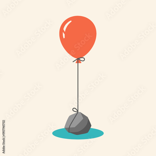 A single orange balloon struggling to lift a heavy grey rock, defying gravity against a soft blue background