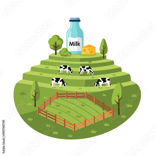 Cows Grazing on Green Hillside Farm Landscape.