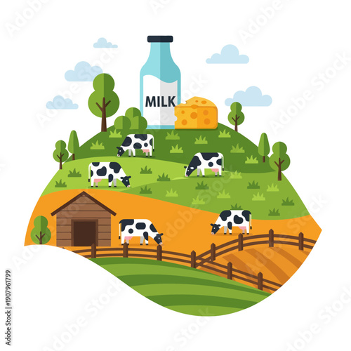 Cows Grazing in Green Pasture with Milk Bottle.