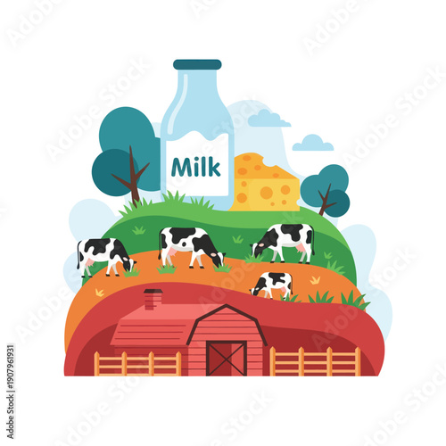 Cows Grazing Near Barn and Milk Bottle.