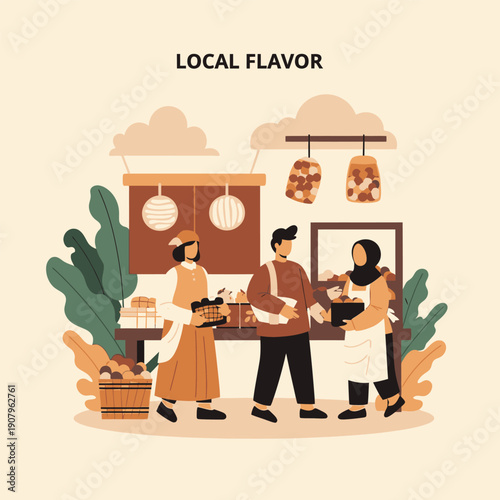 Vibrant Community Market Scene Shoppers and Vendors Engaging in Local Food Exchange and Culinary Delights from Small Businesses