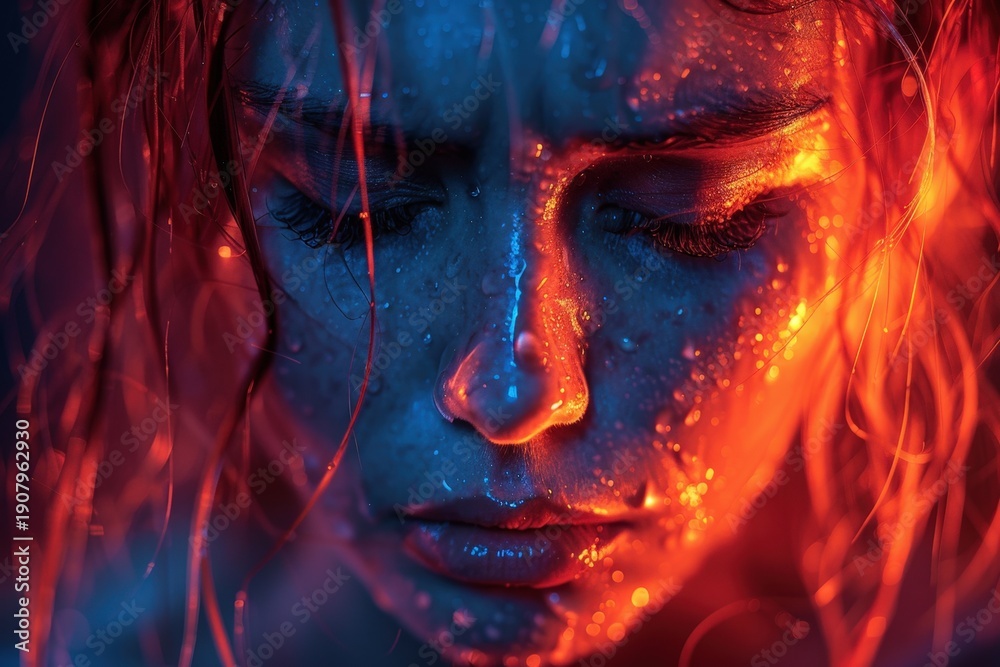 Fototapeta premium A person's face is shown with eyes closed, displaying a gradient background from blue to red.