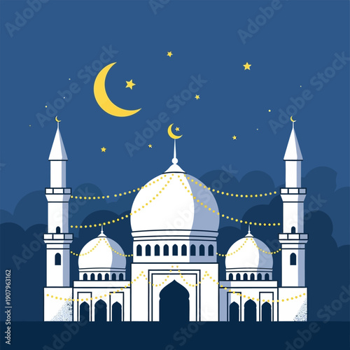 Majestic mosque adorned with festive lights under a serene night sky, featuring a bright crescent moon and twinkling stars, symbolizing Islamic celebration and spiritual peace