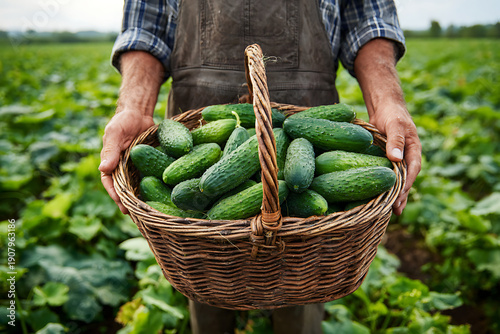 Farmer holding basket of fresh organic cucumbers from farm