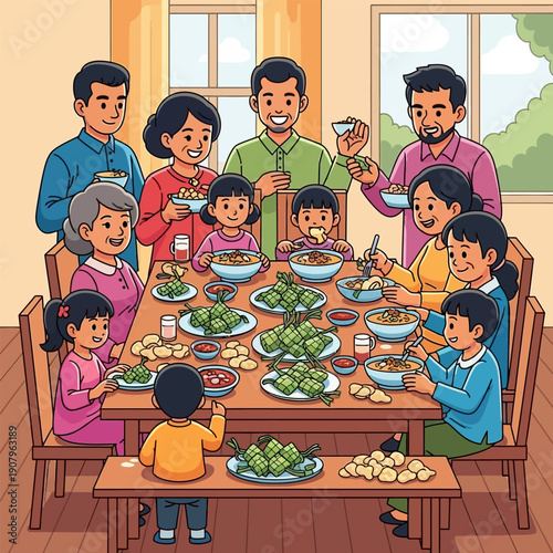 Family gathered for a traditional festive meal, celebrating together with joy and togetherness