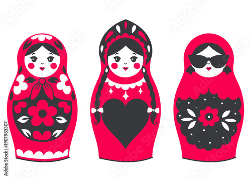 A set of three matryoshka dolls with different styles. Vector graphics.