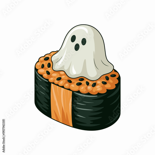 Halloween sushi roll vector with ghost and orange rice – Great for spooky dinner promotions, Asian cuisine graphics, or seasonal food illustration.