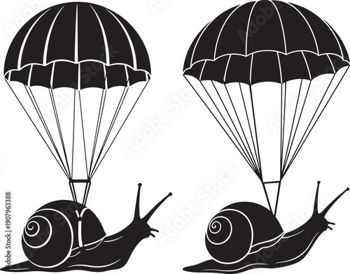 Two snail silhouette with parachute for travel