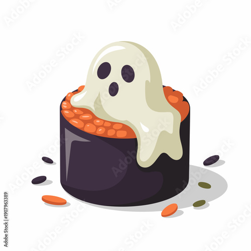 Halloween sushi roll vector with ghost and purple nori – Suitable for creative holiday food content, vector art collections, or restaurant menu designs.