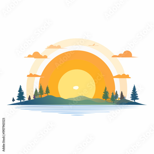 Vibrant Sunset Over Serene Island Landscape With Evergreen Trees