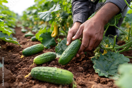 Farmer hands picking fresh organic cucumbers from soil