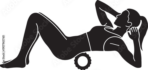 Woman doing crunches with foam roller under back fitness exercise workout desig