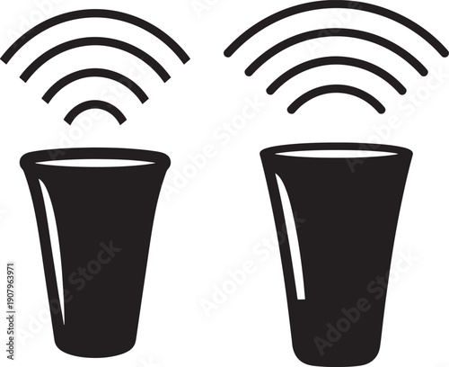 Silhouette of two smart speakers emitting signal