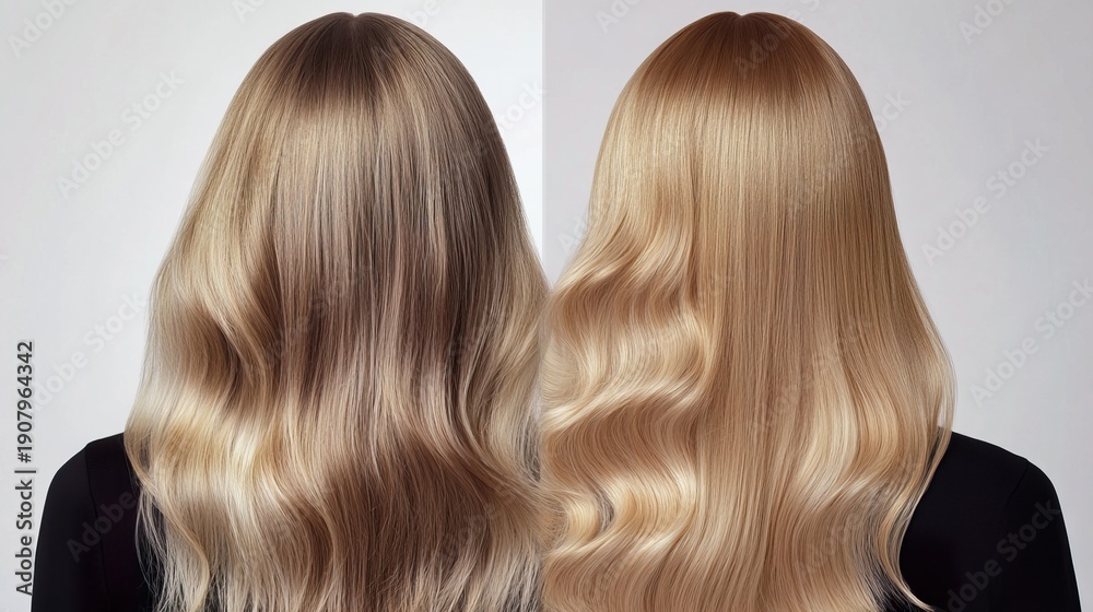 Fototapeta premium A before-and-after transformation of dry, damaged hair into soft, silky strands, high-contrast details, professional hair care concept