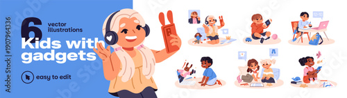 Kids with gadgets set. Children study online with laptop, communicate in internet with smartphone, watching video with tablet. Generation A with phones. Flat isolated vector illustrations on white