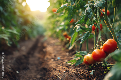 Ripe organic tomatoes growing on vine in garden