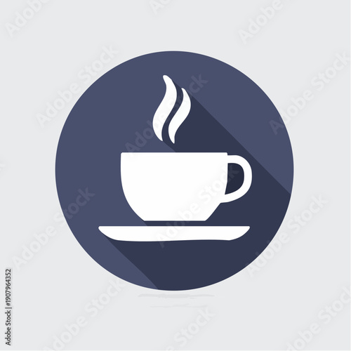 Vector illustration of a white coffee cup icon with steam on a dark blue circular background with a long shadow