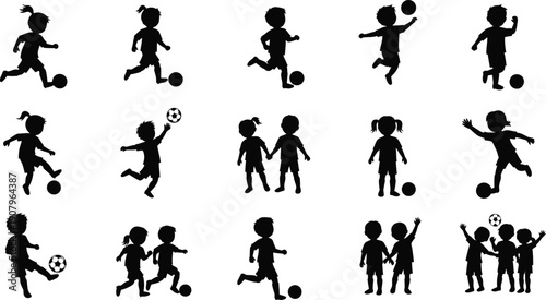 Active Youth Kids Playing Soccer Sports Silhouettes with vector illustration