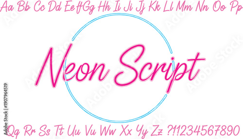 Professional pink neon script alphabet collection featuring glowing handwritten font with numbers and circular neon frame for beauty and nightlife branding