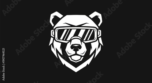 Bear head wearing goggles in black and white