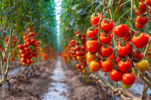 Ripe red tomatoes growing in commercial greenhouse