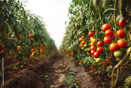 Tomato plants growing in rows in field