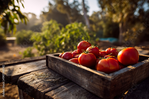 Fresh organic tomatoes harvesting in wooden crate at sunset