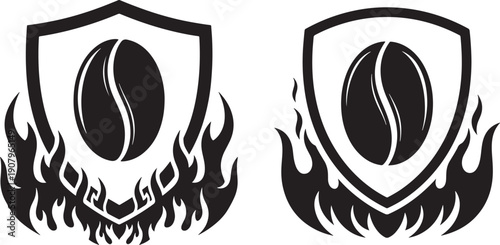 Shield silhouette with coffee bean and fire frame