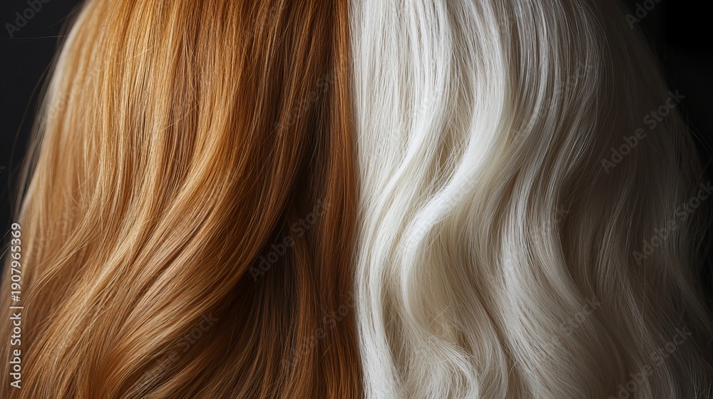 Naklejka premium A dramatic contrast shot of bleached damaged hair before and vibrant restored color after treatment