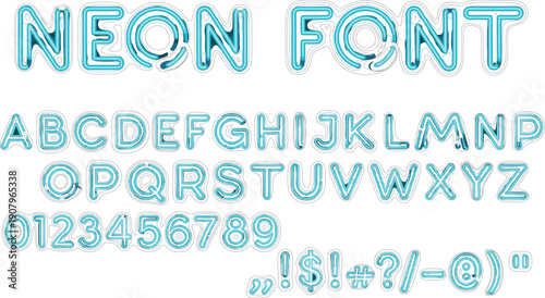 Premium blue neon alphabet collection featuring luminous outline font with numbers and symbols for nightlife branding and futuristic tech UI