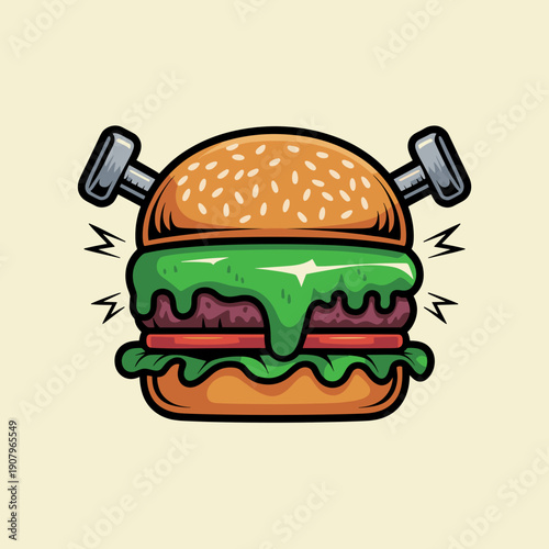 Cartoon Frankenstein monster burger vector illustration – Ideal for spooky fast-food ads, holiday branding, or food-themed games.