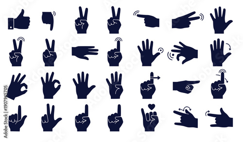 Hand gestures set with various signs and symbols flat design vector illustration isolated on white