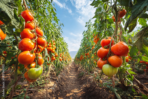 Ripe organic tomatoes growing in a field plantation