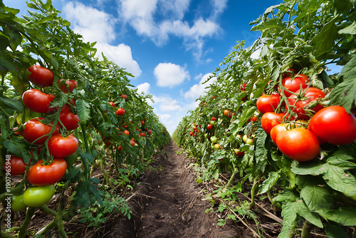 Ripe organic tomatoes growing in a sunny garden field