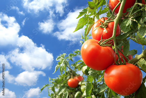 Ripe red tomatoes growing on vine in garden