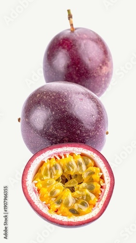 Fresh Passion Fruit Isolated on White Background, Purple Tropical Fruit with Juicy Seed Pulp and Fragrant Aroma Concept