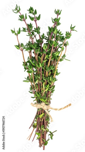 Fresh Thyme Isolated on White Background, Thymus vulgaris Delicate Aromatic Culinary Herb Concept