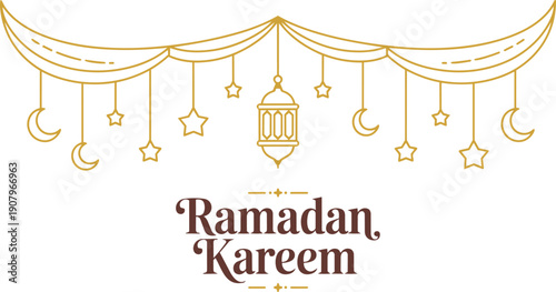 ramadan Kareem, Eid Mubarak Greeting Line icon minimal and simple vector design with beautiful Glowing Lantern and elegant crescent moon star for background and Banner