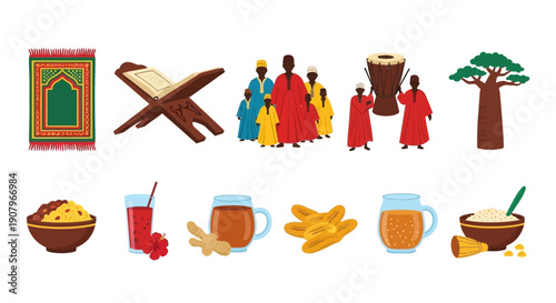 African cultural and religious icons prayer mat Quran people drum tree and various foodsdrinks