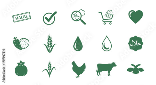Green icons depicting halal certification food products and agriculture