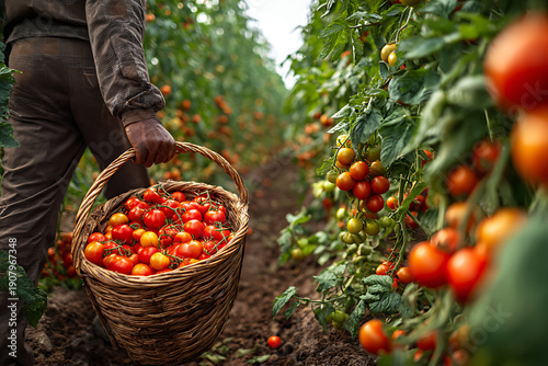 Farmer harvesting fresh organic tomatoes in garden