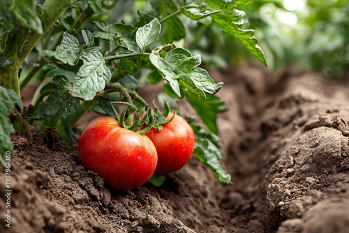 Ripening red tomatoes growing in fertile garden soil